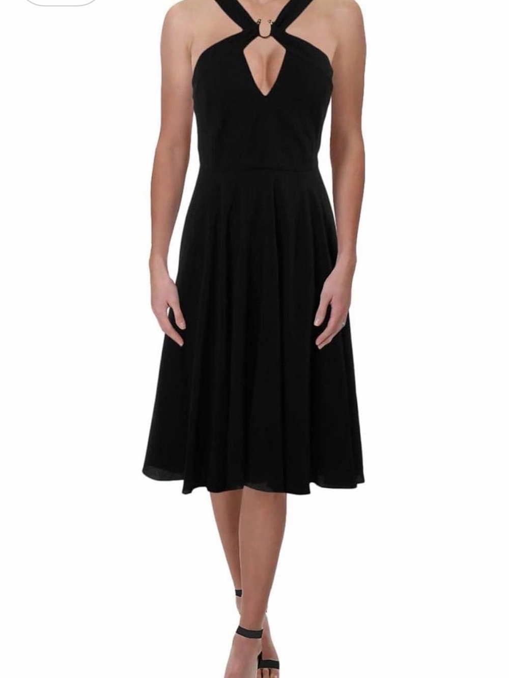 Halston Heritage Black Cross Neck Flowy Flattering Midi Dress with Ring Accent